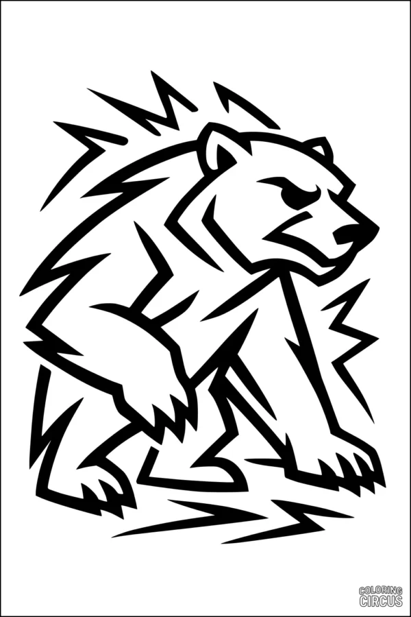 Coloring page featuring a bold, stylized polar bear with sharp lines and dynamic winter shapes