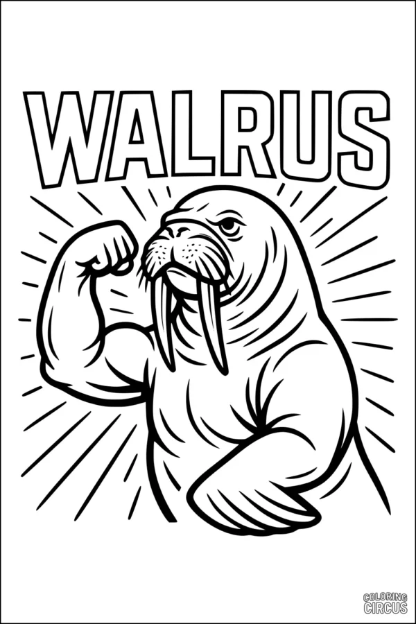 Coloring page featuring a cartoon walrus flexing its muscles with bold rays and the word WALRUS above