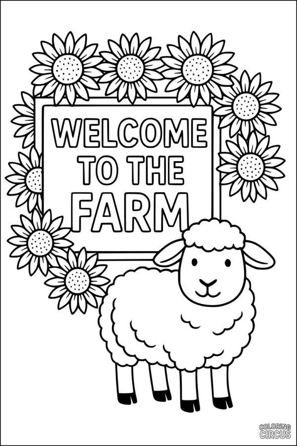 Coloring page of a cute sheep standing by a welcome sign surrounded by sunflowers on the farm