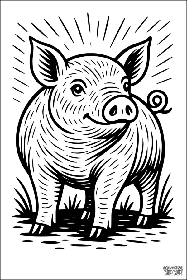 Coloring page of a smiling pig with a curly tail standing in grass under the sun