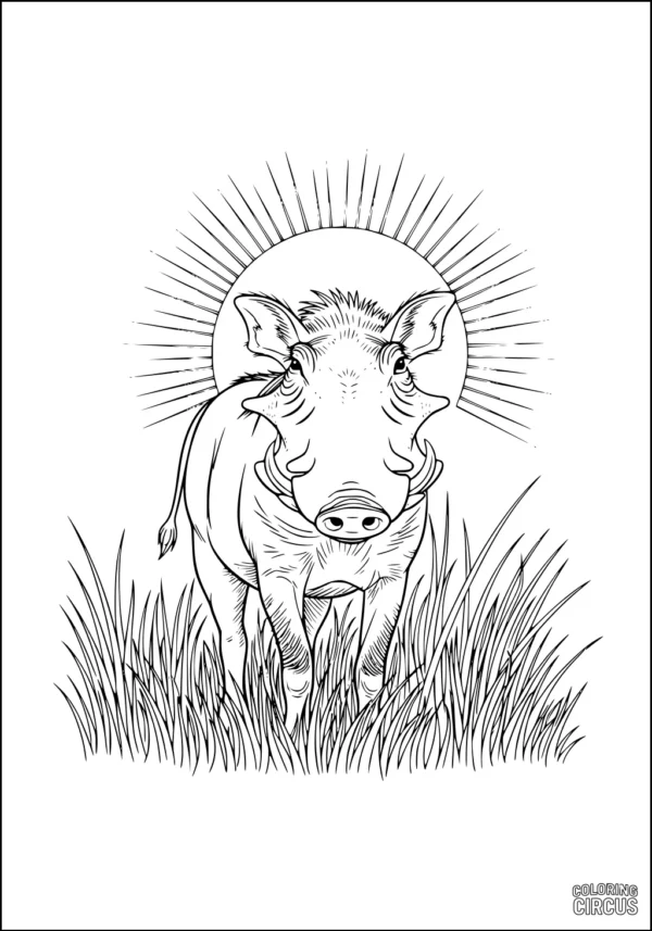 Coloring page featuring a friendly warthog standing in savanna grass with the sun radiating in the background.