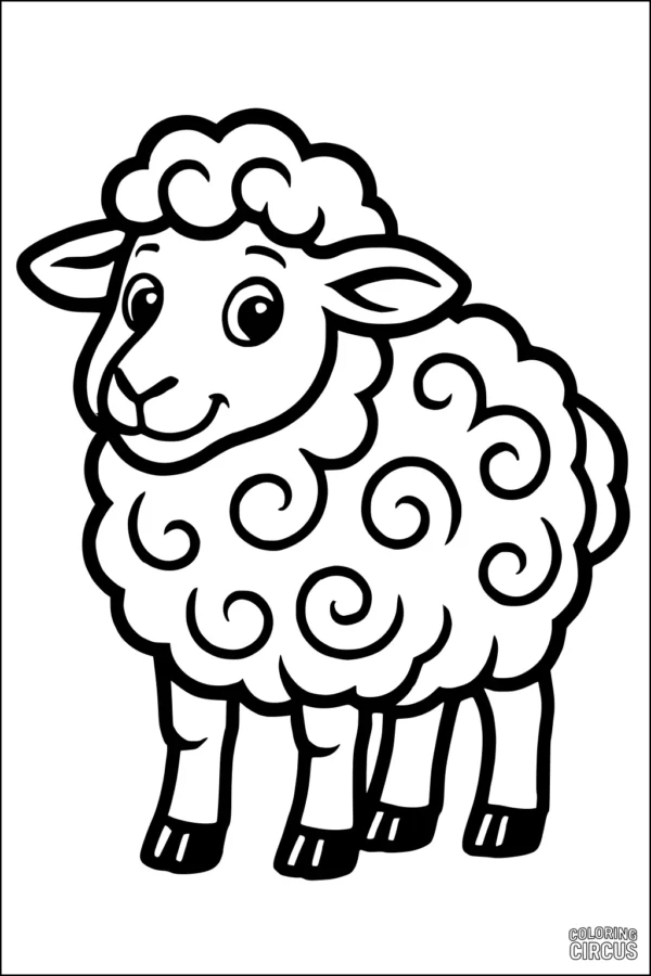 Coloring page showing a cute cartoon sheep with swirly wool and a friendly face for kids