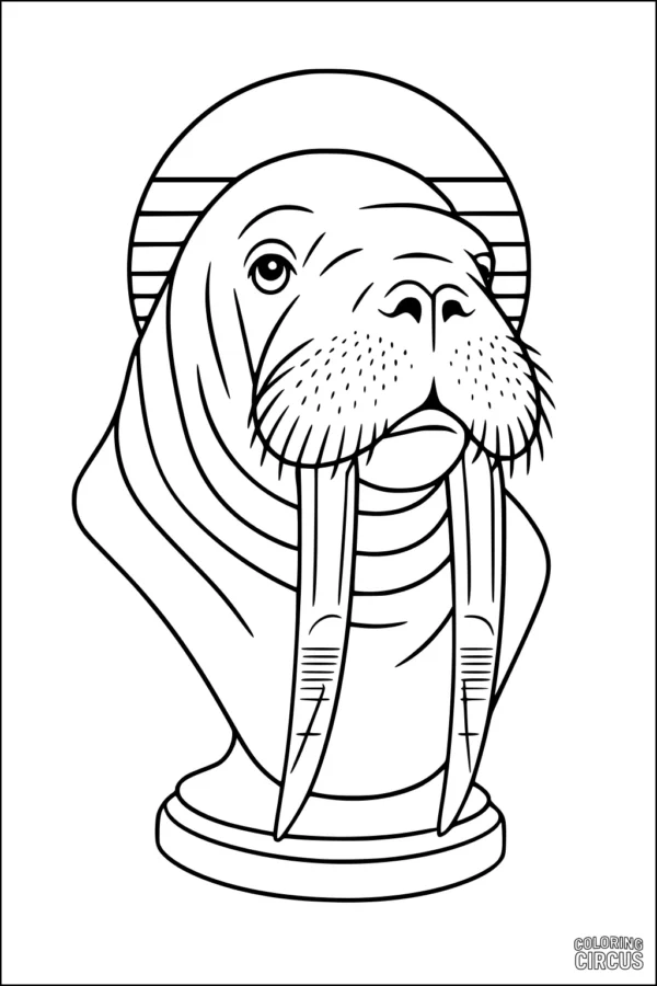 Coloring page of a walrus bust with sun beams in background, suitable for children