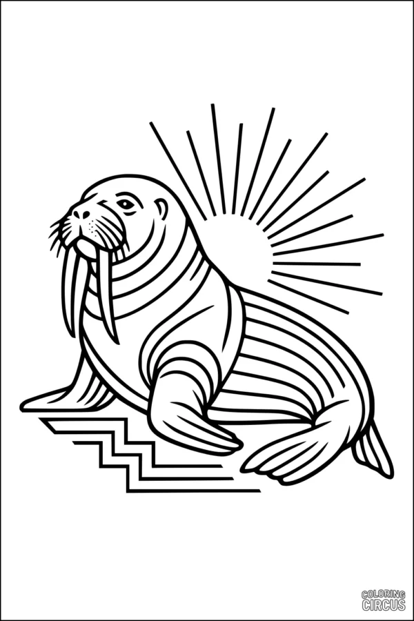 Coloring page featuring a walrus basking under the morning sun with rays extending behind