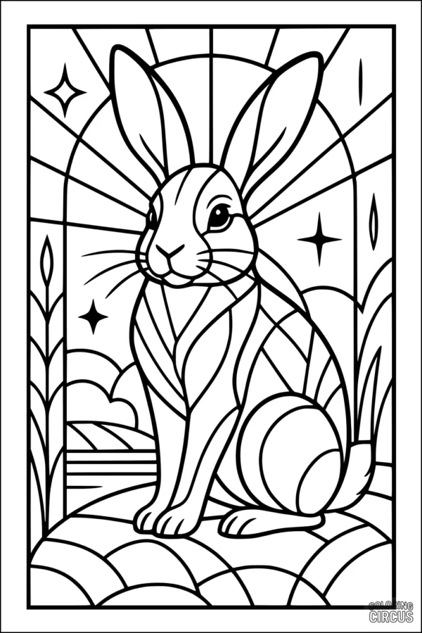 Coloring page featuring a rabbit sitting in a sunrise meadow with geometric patterns and twinkling stars.