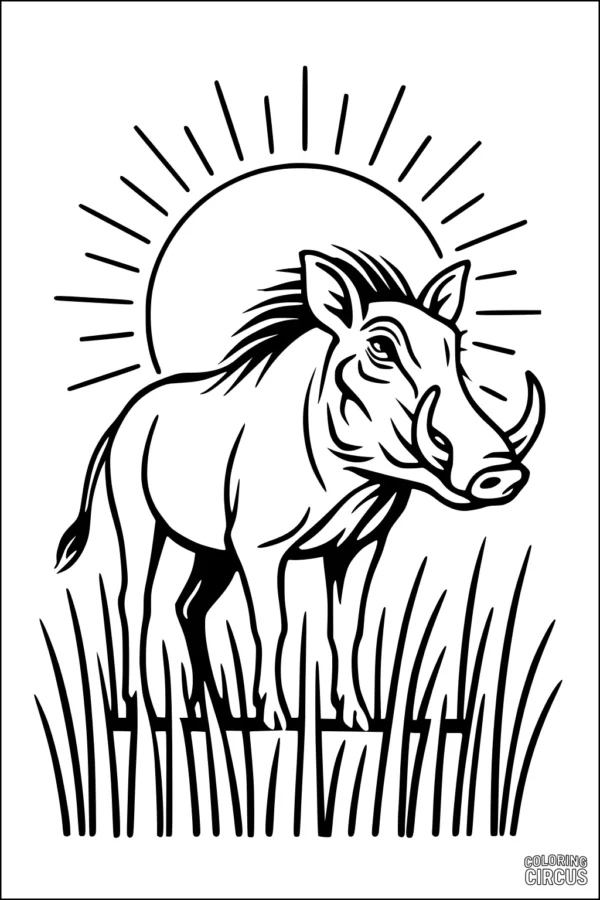 Coloring page of a warthog standing in grass under a rising sun, for kids