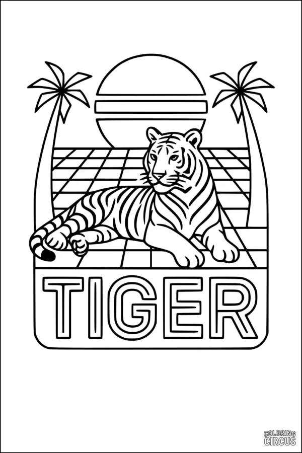 Coloring page with a lounging tiger under palm trees, sunset background, and geometric ground