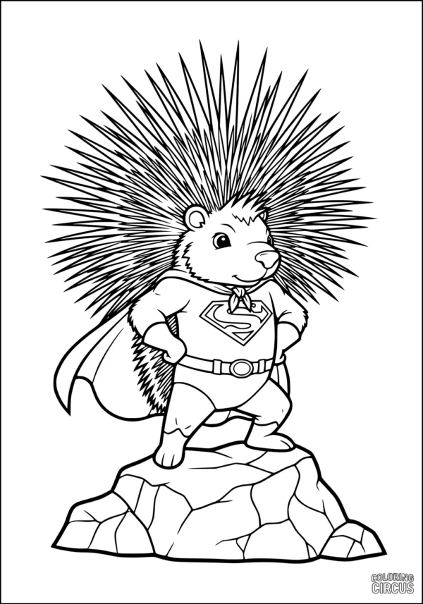 Coloring page of a cartoon superhero porcupine standing confidently on a rock