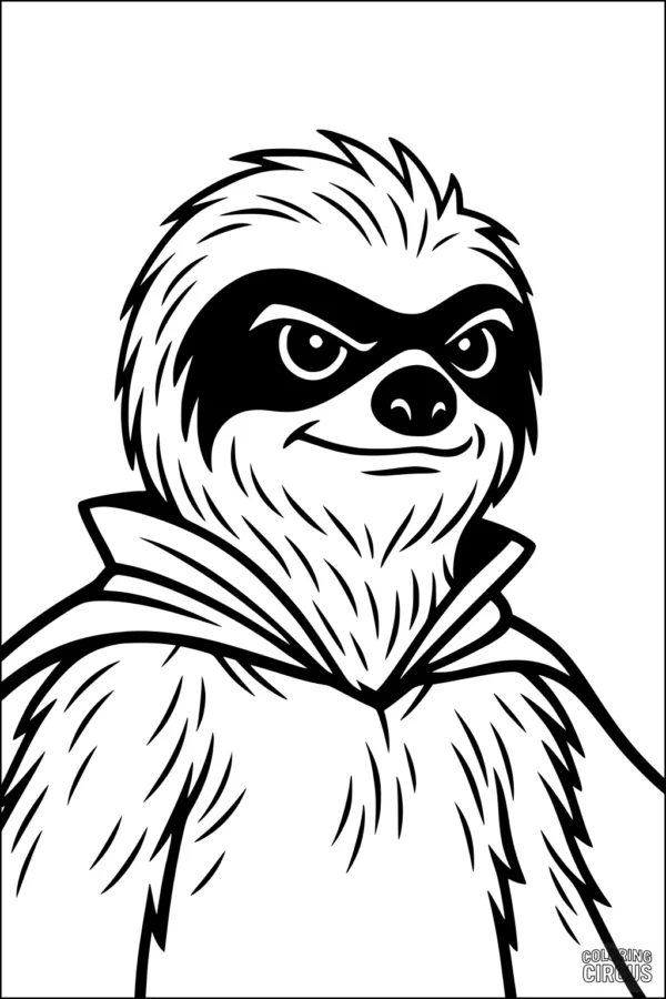 Coloring page of a superhero sloth with a cape and confident smile