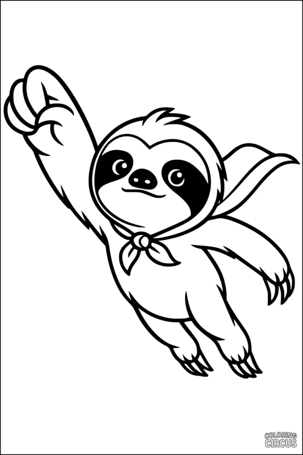 Coloring page featuring a cute cartoon sloth flying in a cape, superhero style