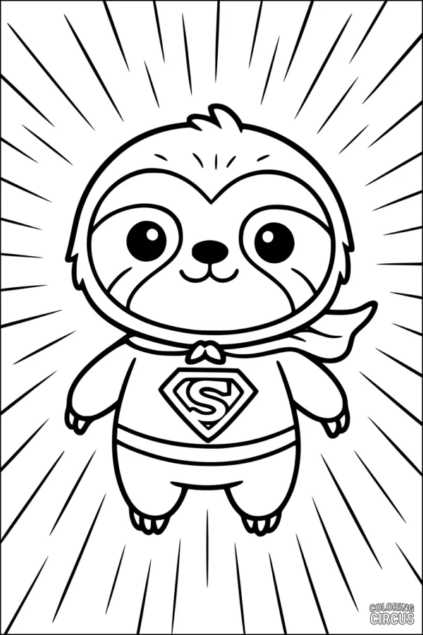Coloring page featuring a superhero cartoon sloth with cape and emblem