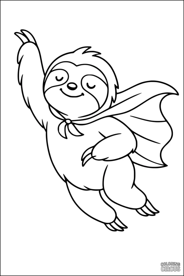 Coloring page of a superhero sloth with a cape flying in the sky