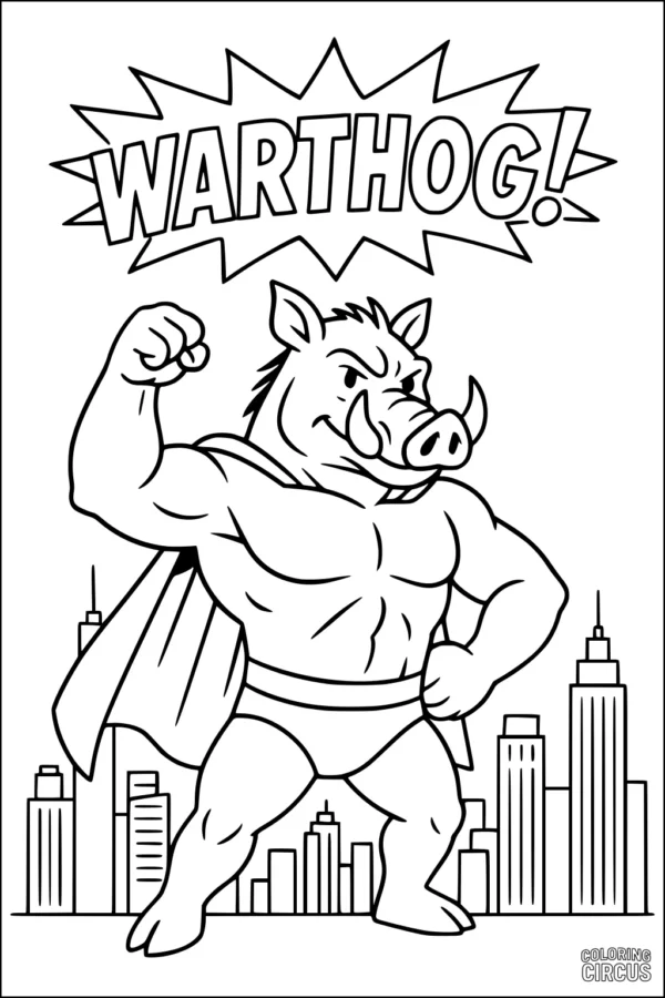 Coloring page featuring a superhero warthog flexing in front of city buildings