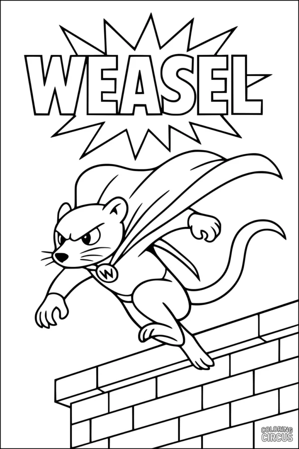 Coloring page of a superhero weasel in a cape leaping off a rooftop with 'WEASEL' in bold comic style letters