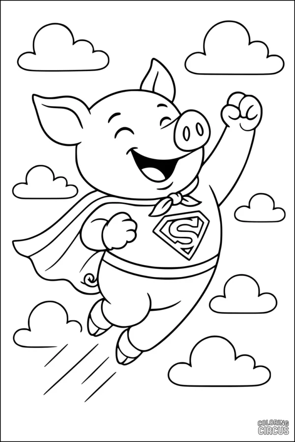 Coloring page of a cheerful superhero piglet flying among clouds