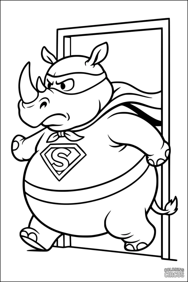 Coloring page featuring a cartoon superhero rhinoceros wearing a cape and mask, bursting through a door