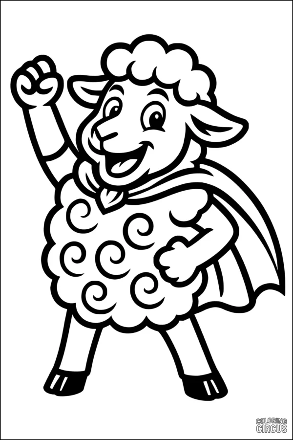 Coloring page of a cartoon superhero sheep with a cape, smiling and raising a hoof.
