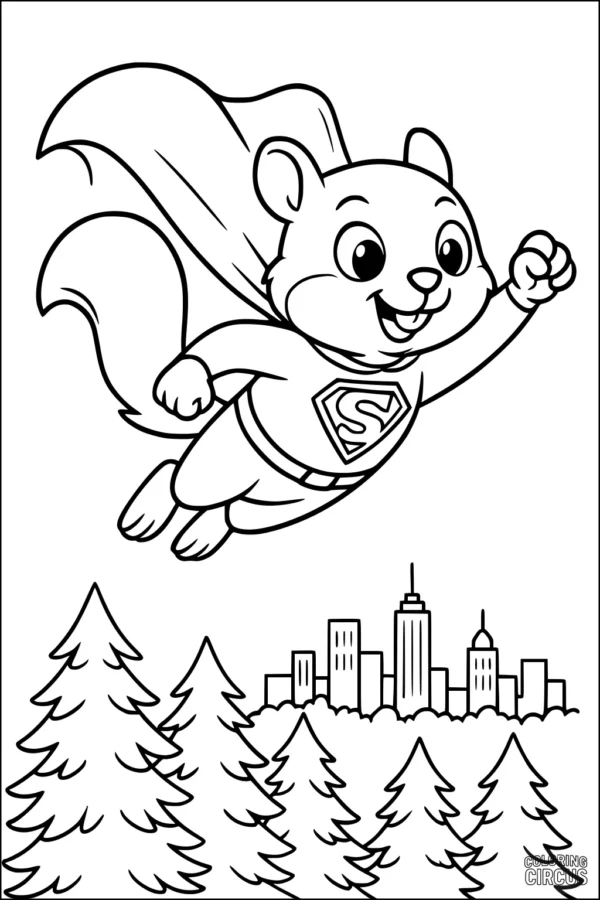 Coloring page of a superhero squirrel flying above trees and city buildings