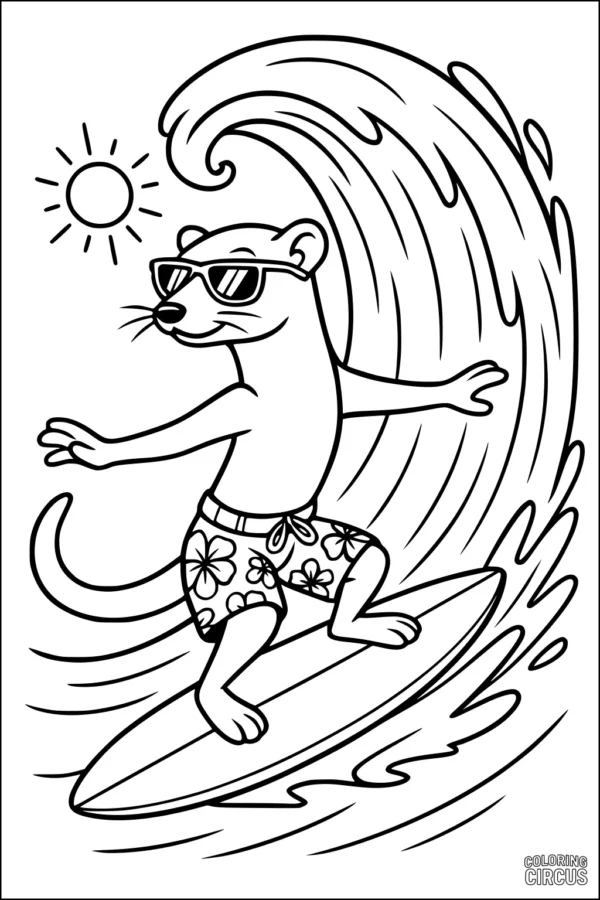 Coloring page of a cartoon weasel surfing on a wave, wearing sunglasses and floral shorts in the sun