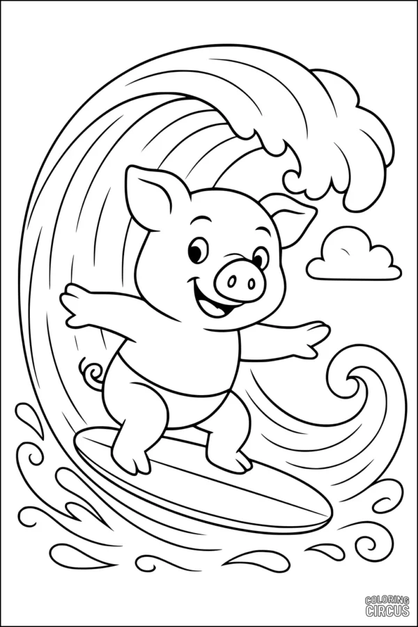 Coloring page featuring a cartoon pig surfing on a wave