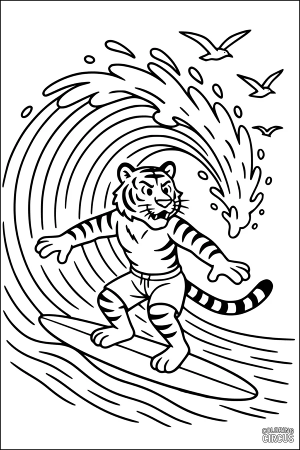 Coloring page tiger surfing on a wave with seagulls flying above