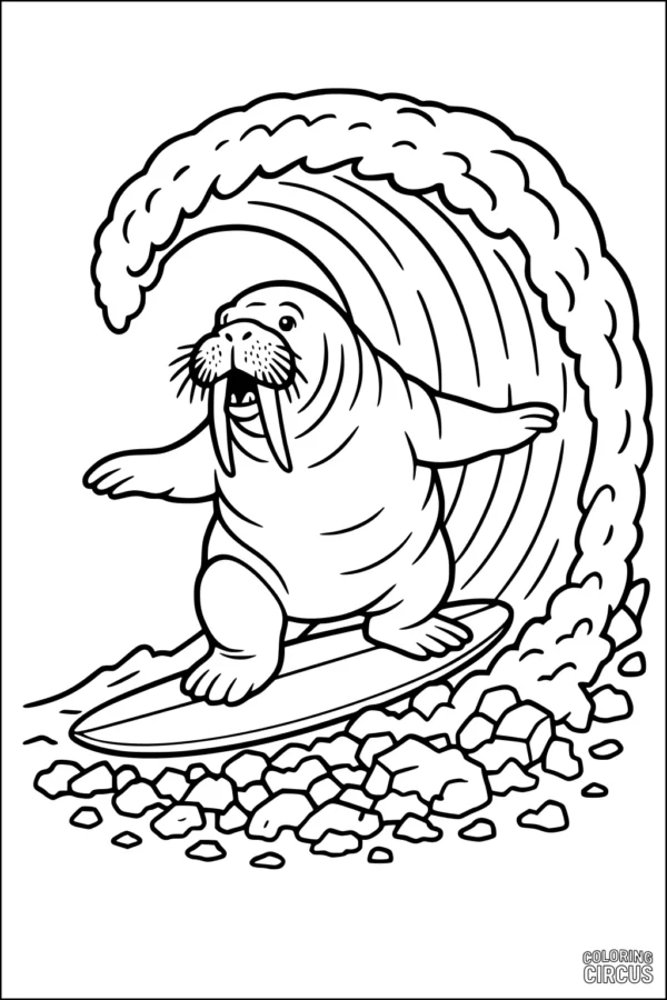 Coloring page of a cartoon walrus surfing on a wave