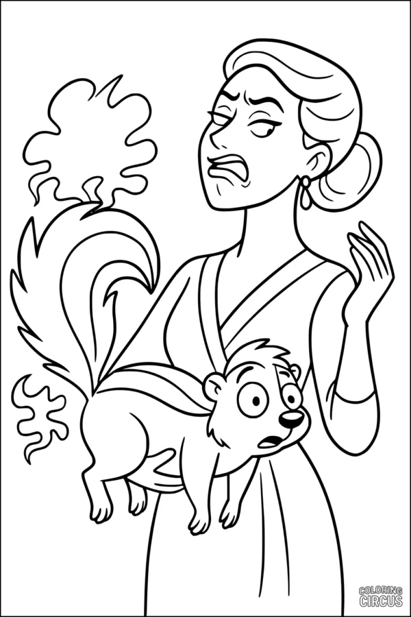 Coloring page of a startled skunk spraying near a surprised woman