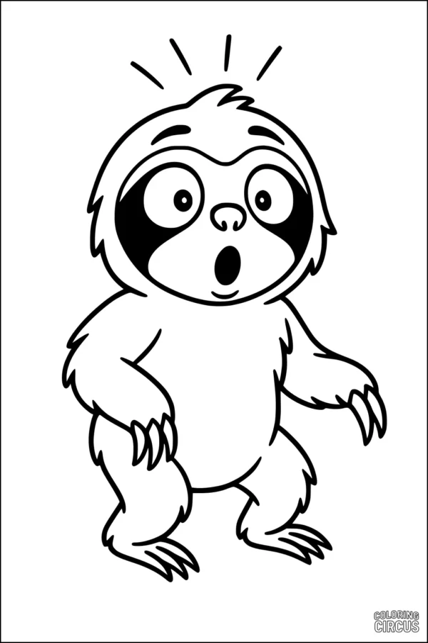 Coloring page featuring a cartoon sloth with a surprised expression, suitable for young children.