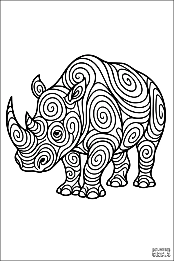 Coloring page featuring a rhinoceros with curly swirl patterns for kids and adults