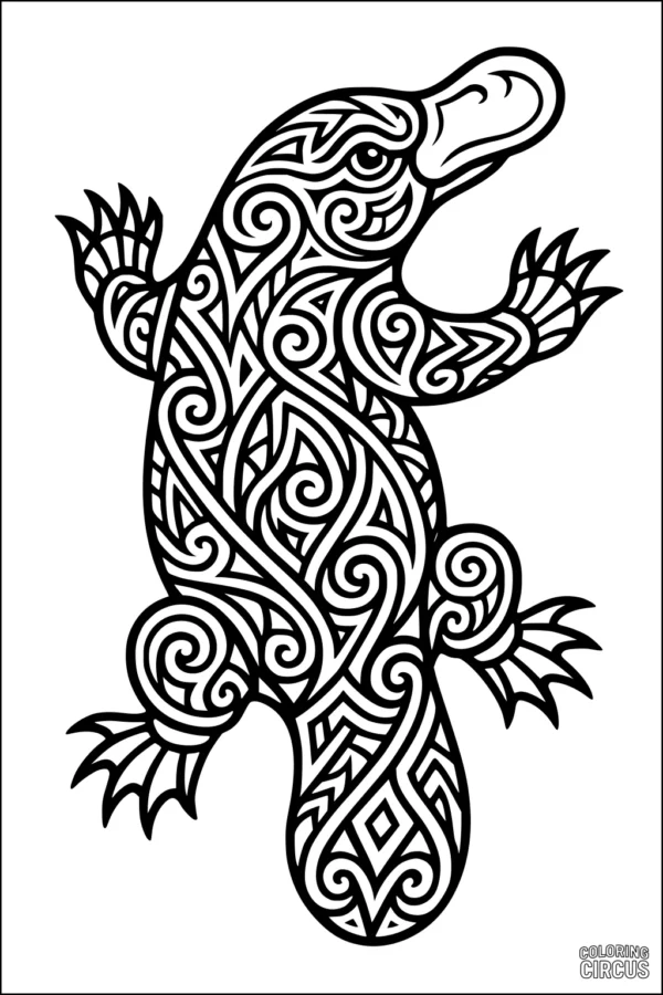 Coloring page featuring an advanced, patterned platypus for kids and adults
