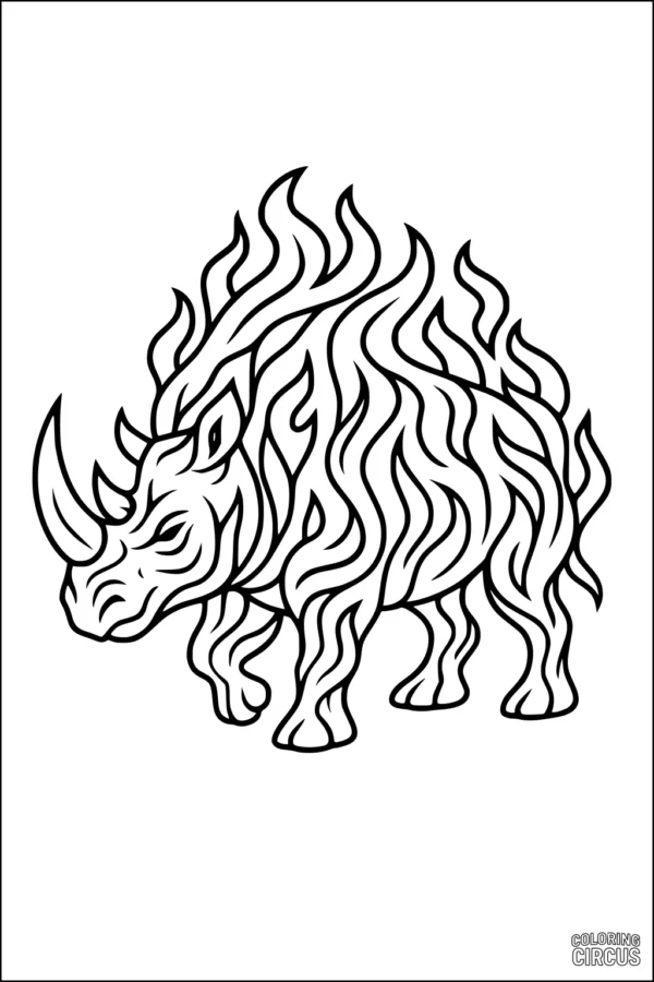 Coloring page showing a rhinoceros with swirling, flame-like pattern designs