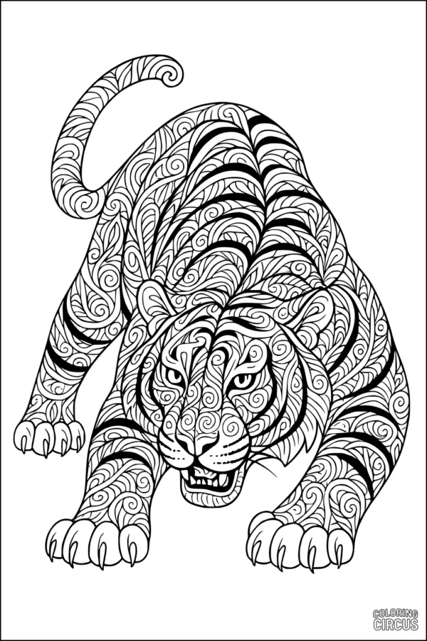 Coloring page of a detailed tiger with mandala swirl patterns on its body
