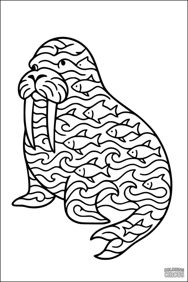 Coloring page features a walrus filled with swirling waves and fish patterns