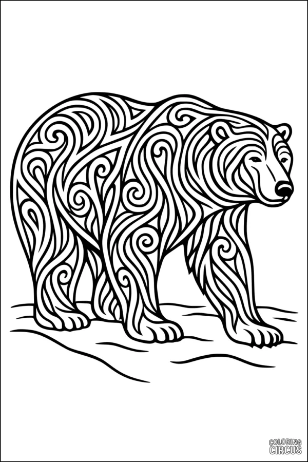 Coloring page depicting a polar bear with decorative swirling patterns, standing on snow