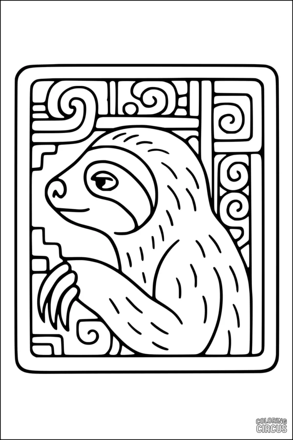 Coloring page featuring a smiling sloth surrounded by a decorative, swirly jungle background.