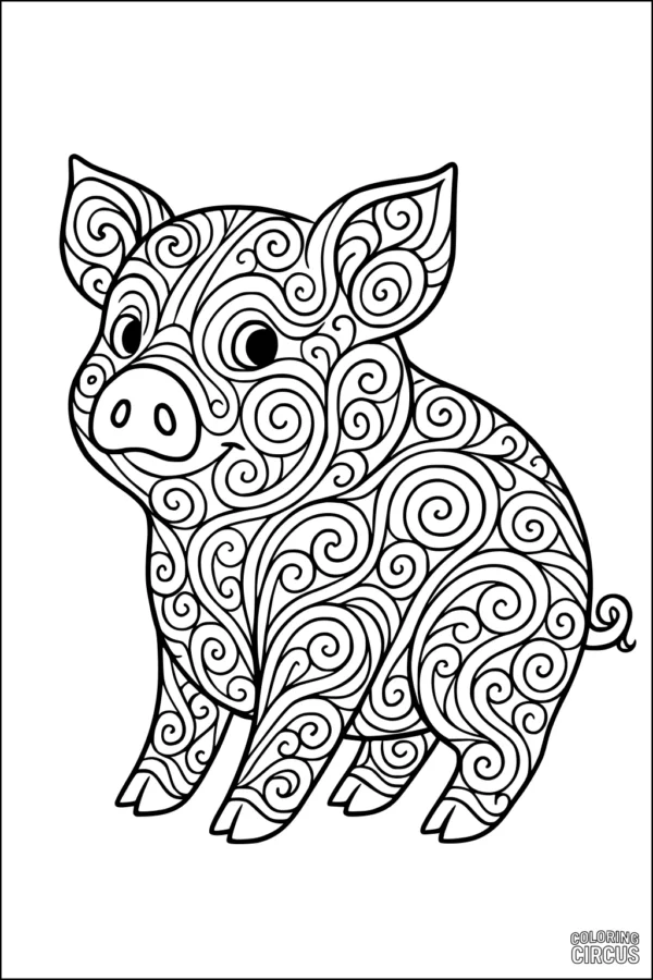 Coloring page of a pig with whimsical swirling patterns