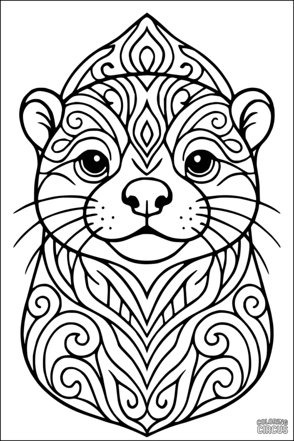 Coloring page of an ornate otter head with swirling decorative patterns
