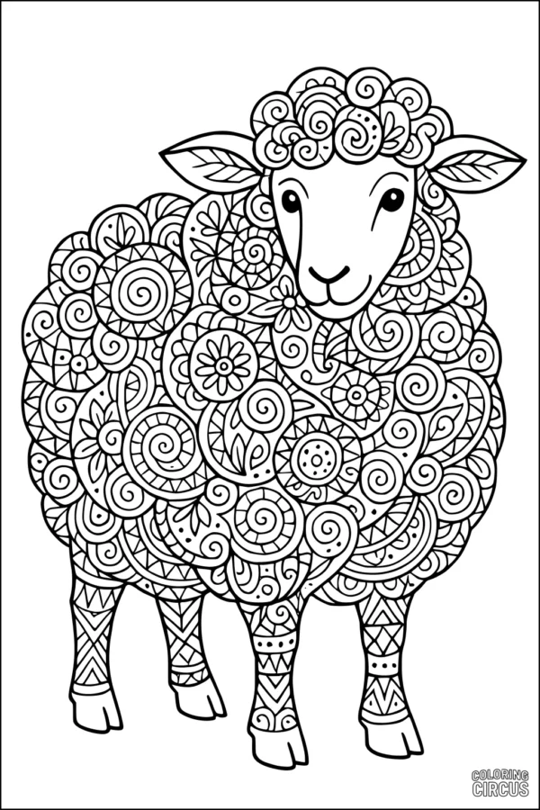 Coloring page of a sheep with intricate swirly wool patterns and floral designs