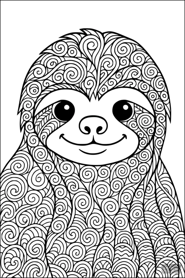 Coloring page with intricate swirly patterned smiling sloth for kids and adults