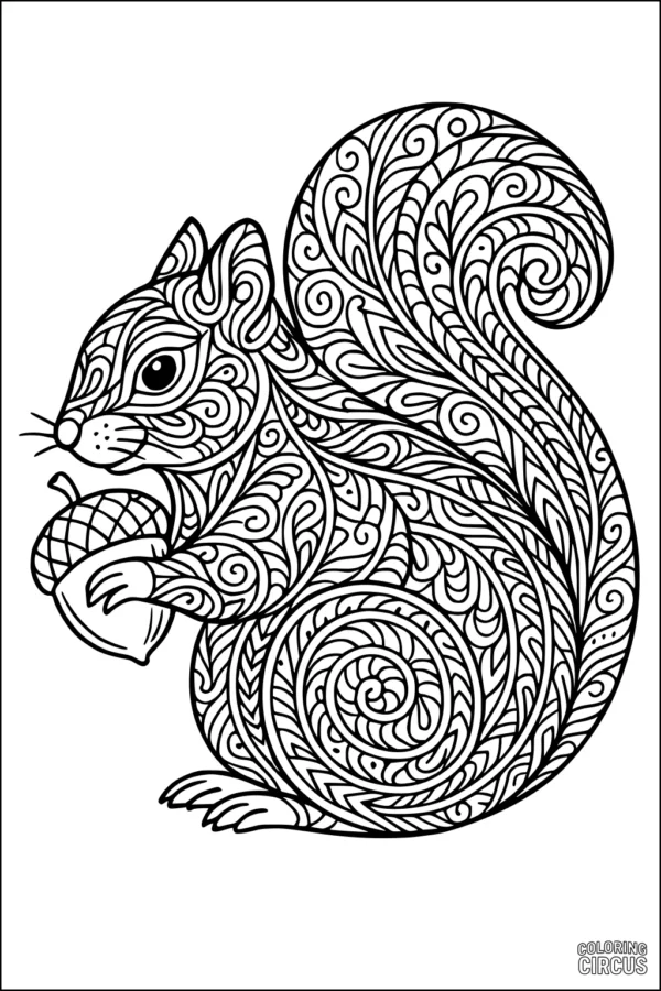 Coloring page featuring an intricately patterned squirrel holding an acorn, ideal for detailed coloring activities