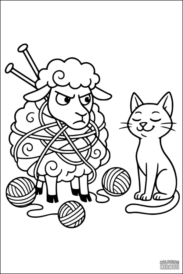 Coloring page featuring a sheep tangled in yarn beside a mischievous cat and three balls of yarn