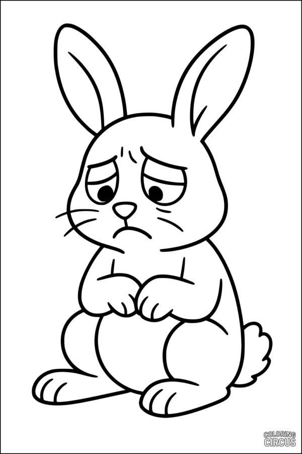 Coloring page of a gentle, sad cartoon rabbit sitting with drooping ears