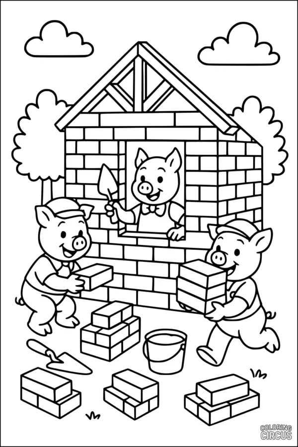 Coloring page three little pigs building a brick house together in a cheerful outdoor scene