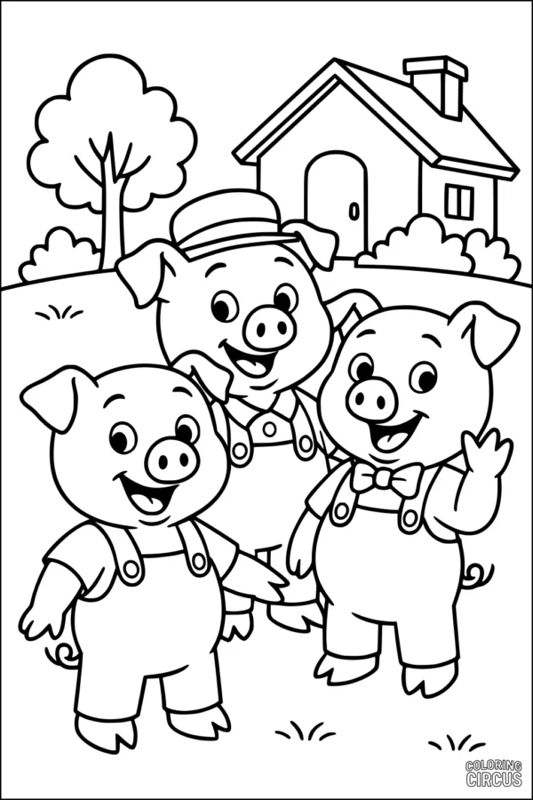 Coloring page three cartoon pigs smiling in overalls standing in front of a house and tree