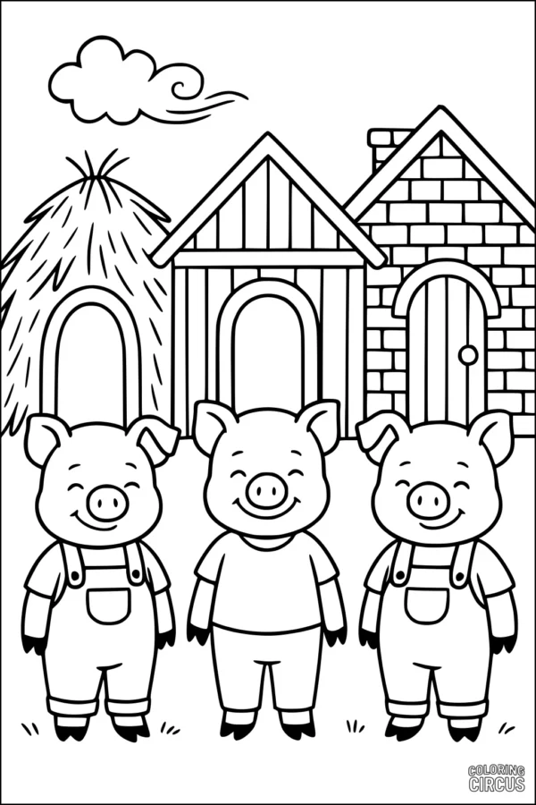 Coloring page with three smiling pigs in front of straw, wood, and brick houses, inspired by the three little pigs story