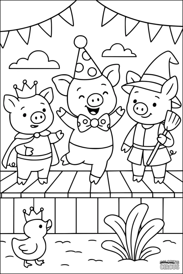 Coloring page of three pigs in costumes performing on a stage with a duck wearing a crown