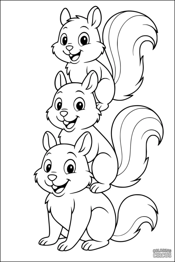 Coloring page featuring three cute stacked squirrels with big tails and happy faces