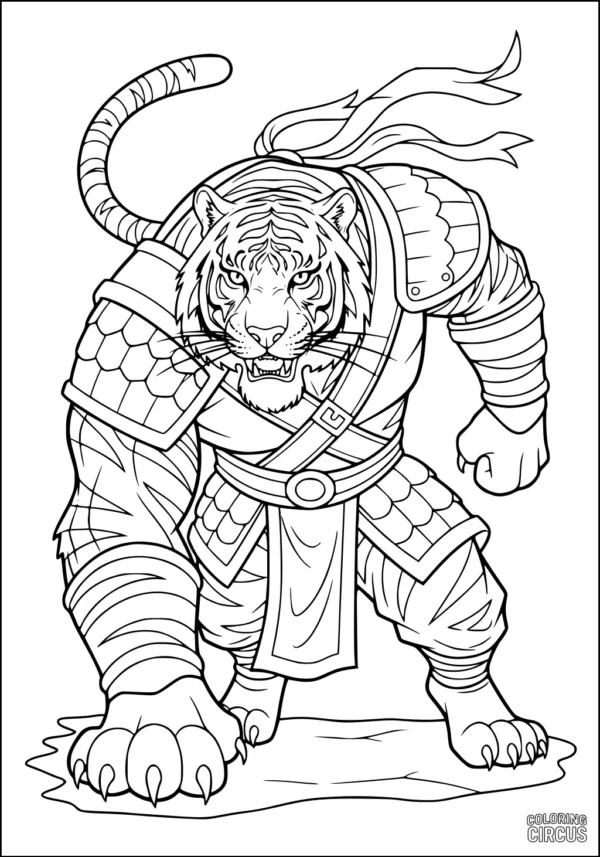 Coloring page of a fierce armored tiger standing ready to defend, wearing detailed battle gear.