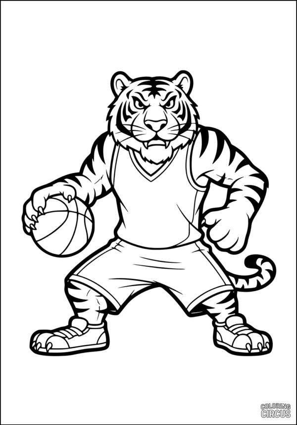 Coloring page of a cartoon tiger in sports gear playing basketball