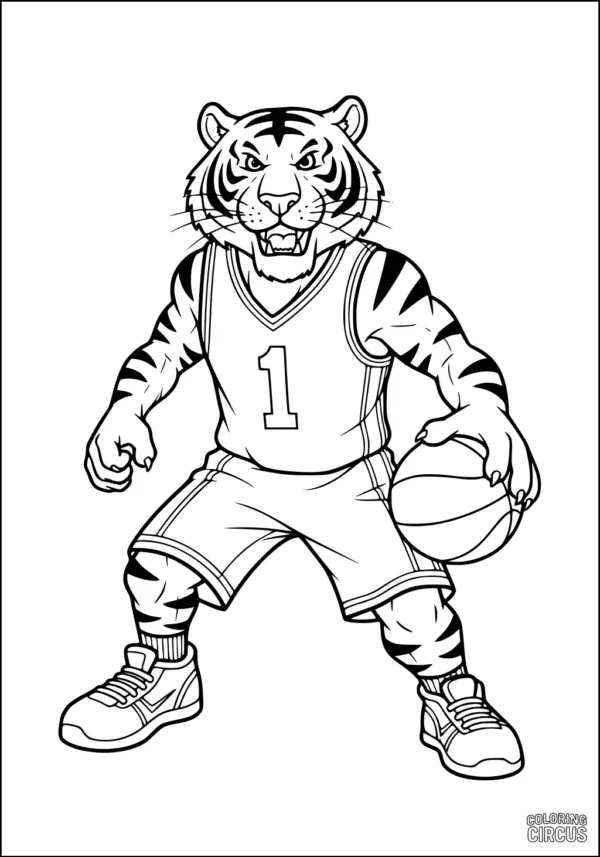 Coloring page of a cartoon tiger in a basketball uniform holding a ball